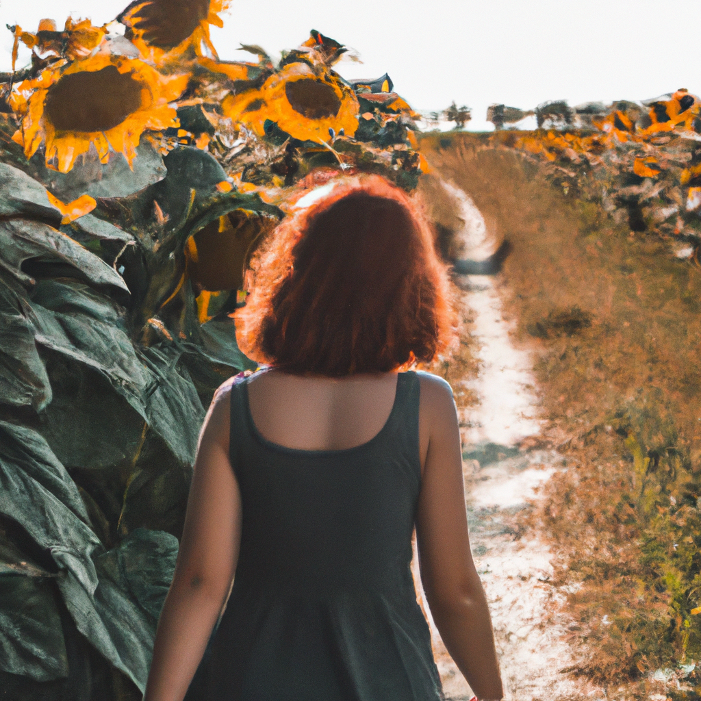 A red-haired girl walks towards the sun in a sunflower field. Shot from behind. Professional photography, ultra detailed, ultra realistic.
